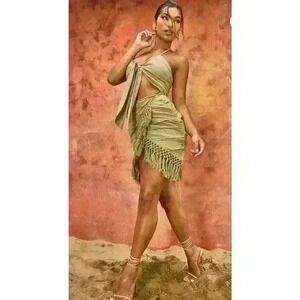 Khaki Tie Bust Ring Detail Tassel Trim Linen Bodycon Dress SZ 2